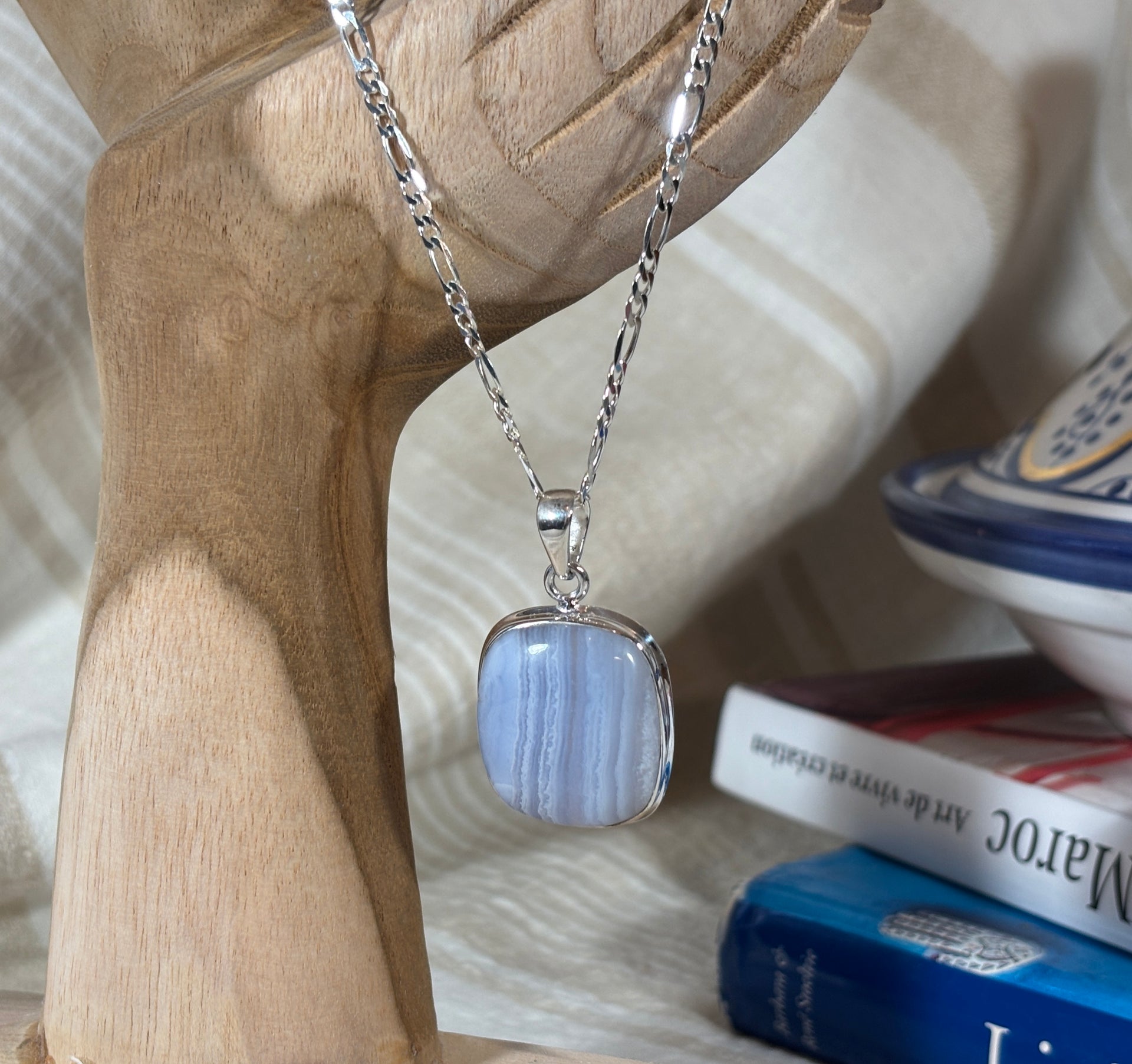 Blue Chalcedony & Silver Rectangular Gemstone Pendant