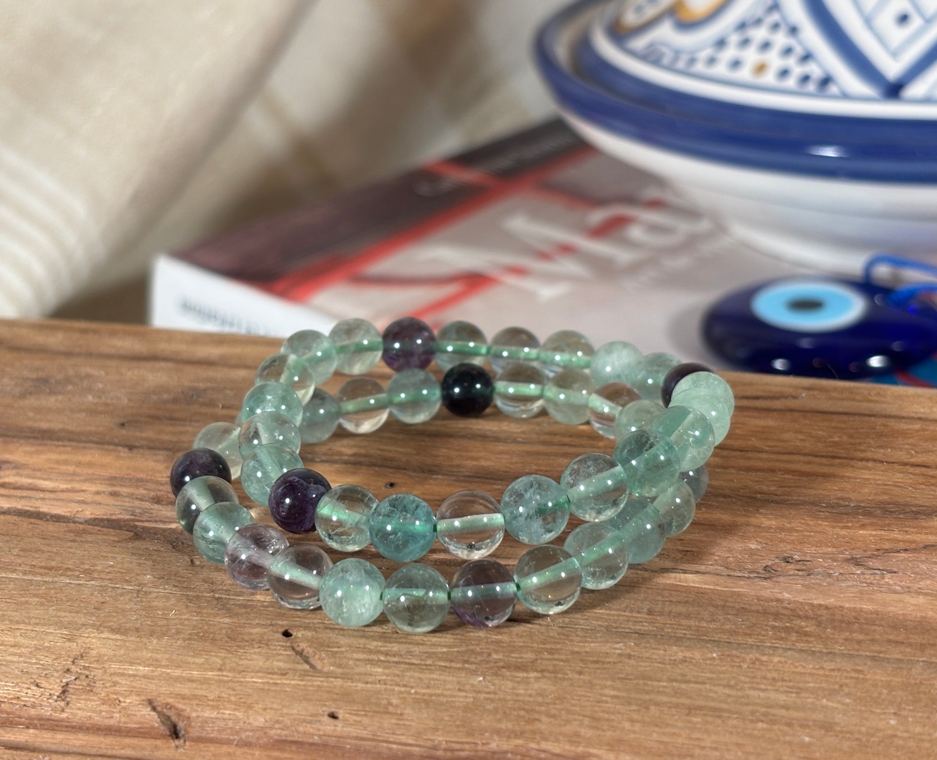 Rainbow Fluorite Round Bead Bracelet
