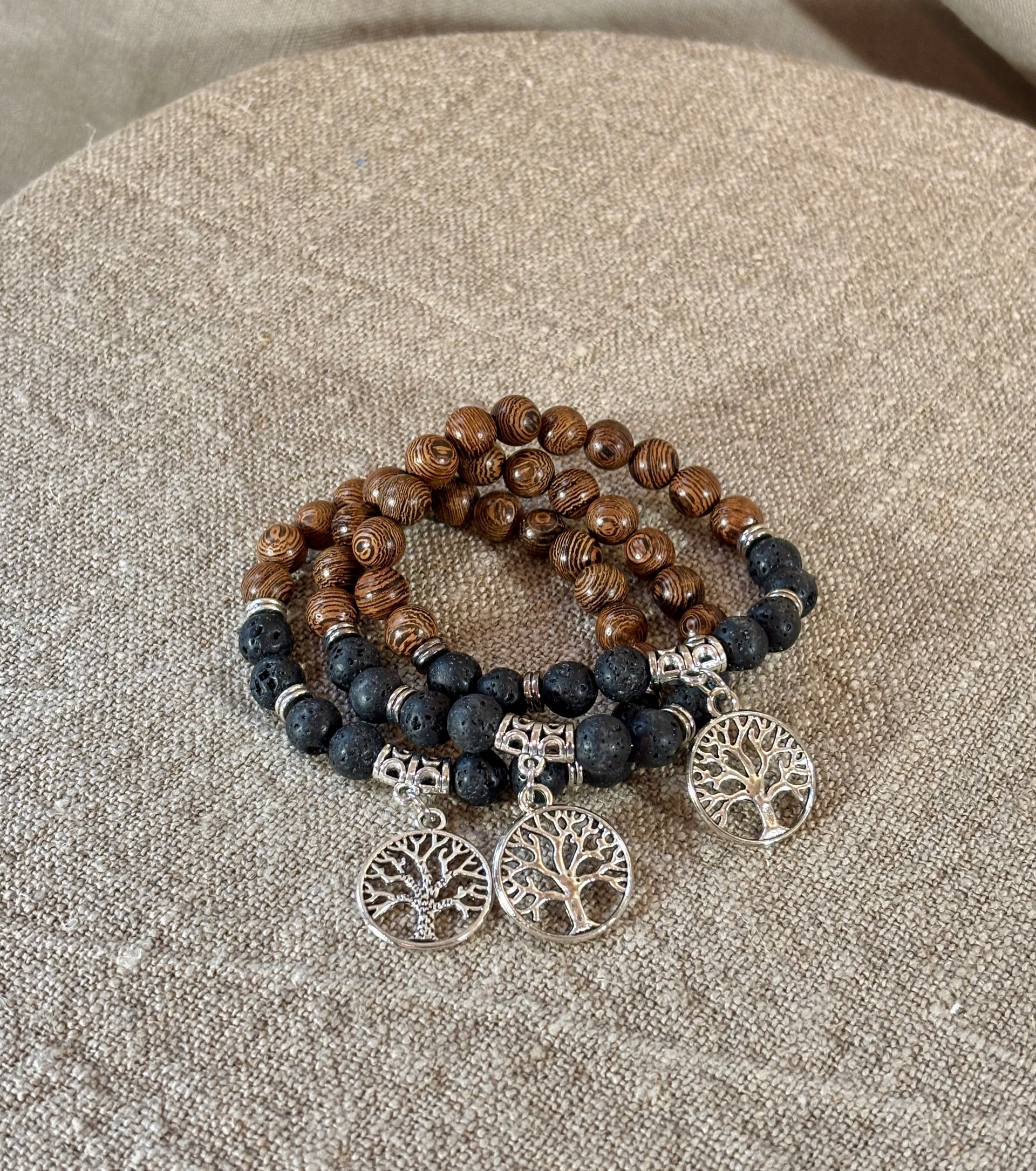Lava Stone and Wood Bracelet with Charm