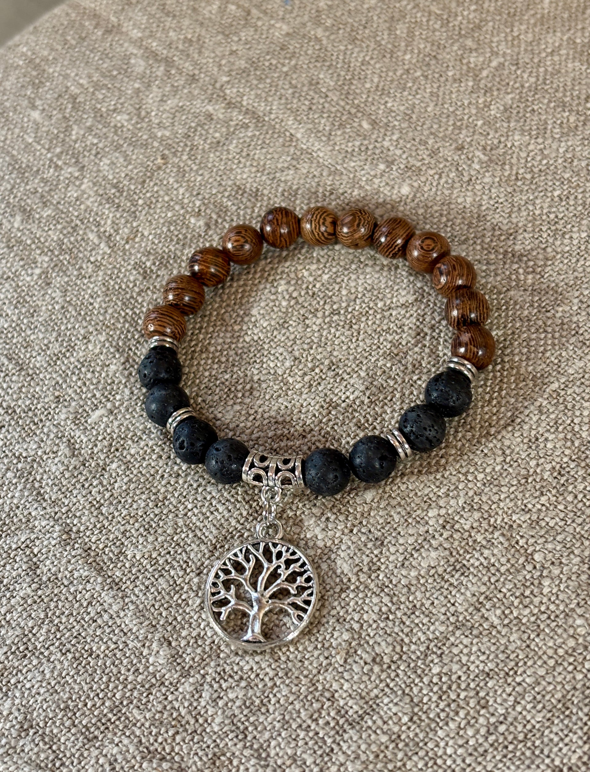 Lava Stone and Wood Bracelet with Charm